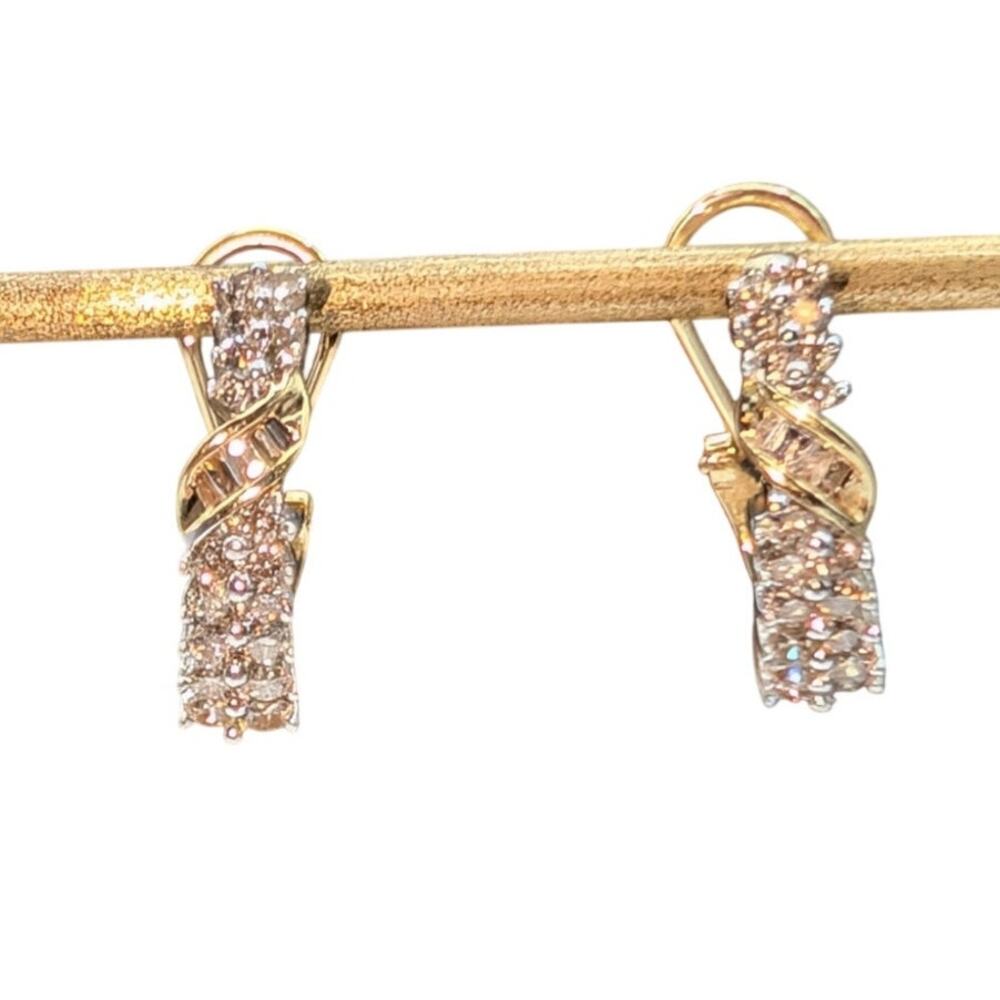 Vtg 14K Yellow & White Gold Diamond Omega Back Curved Hoop Earrings 4.83g